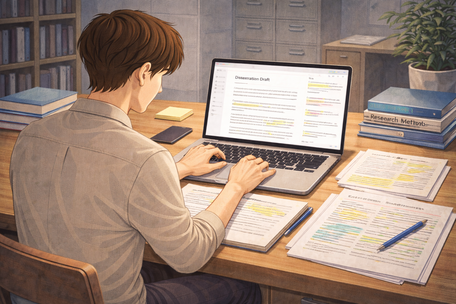 Academic illustration of a postgraduate student working on a dissertation at a desk, with research notes spread out, a laptop displaying tracked academic feedback, and university books visible in the background of a focused study environment.