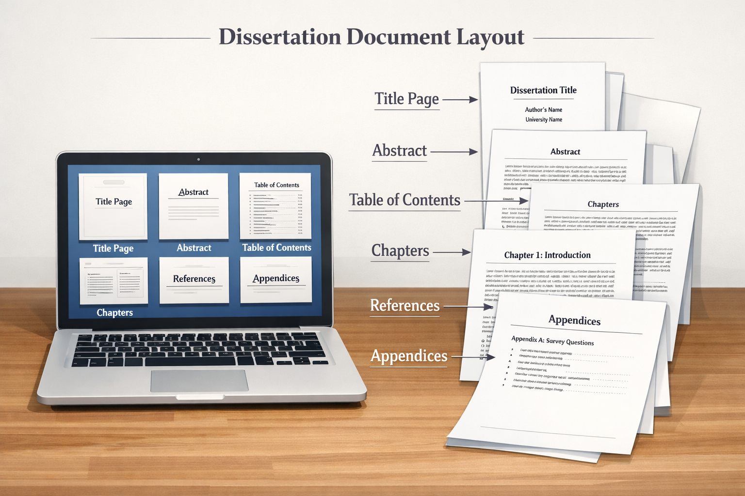 Clean academic illustration of a dissertation document layout displayed on a laptop and printed pages, with clearly labeled sections including Title Page, Abstract, Table of Contents, Chapters, References, and Appendices.