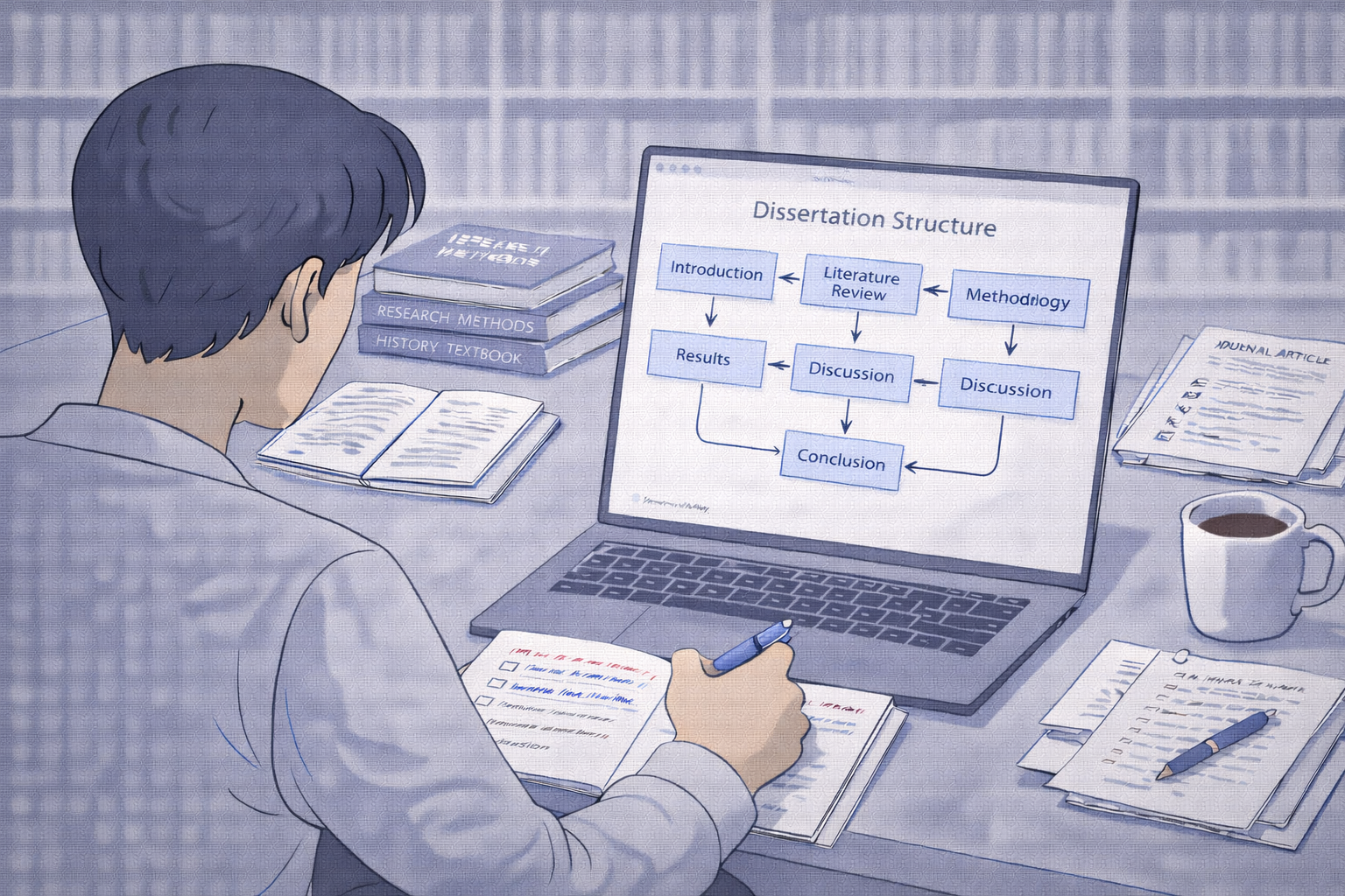 Professional academic illustration of a postgraduate student planning a dissertation structure, with a laptop displaying a clearly labelled chapter outline and flow arrows between sections, alongside printed notes and academic books on a desk, presented in a clean university style with neutral scholarly colours.