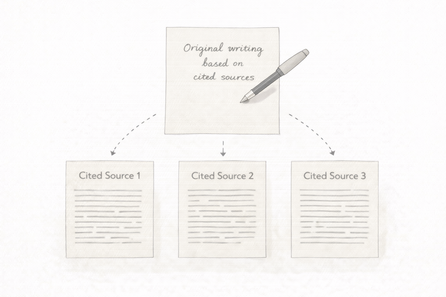 Minimalist academic illustration showing original academic writing emerging from multiple cited sources, with arrows linking referenced materials to a central written argument in a clean university style with neutral colours.