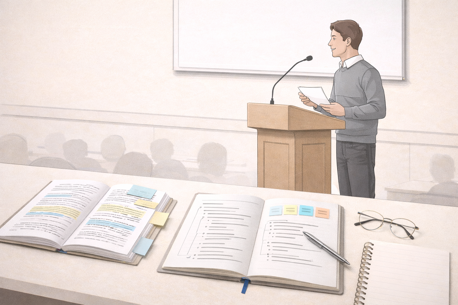 Minimalist academic illustration depicting a student delivering a speech at a lectern in a university setting, with research notes and a neatly organised outline on a desk in the foreground, rendered in neutral professional tones with a scholarly aesthetic.