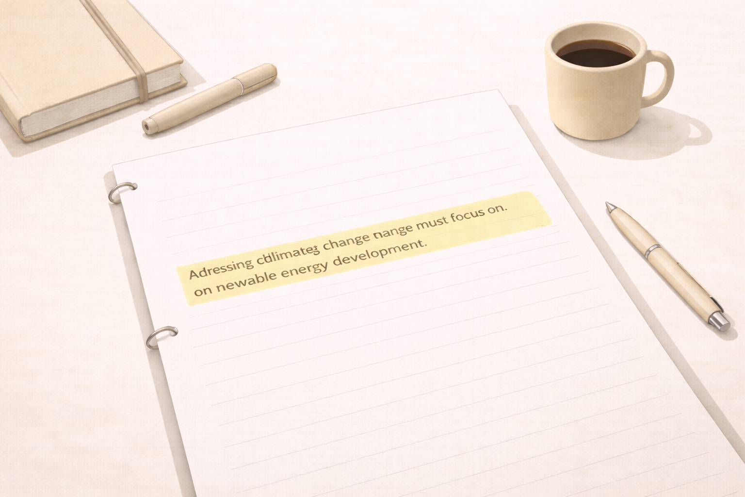 Minimalist academic illustration of an essay draft on a clean university desk, featuring a single highlighted thesis statement on the page, with neutral scholarly tones and a tidy, professional academic setting.