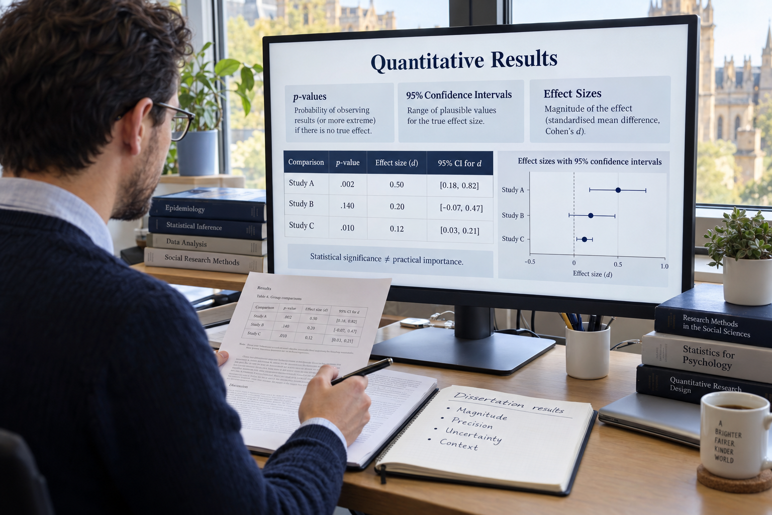 Postgraduate researcher comparing p-values, confidence intervals, and effect sizes on a monitor alongside quantitative dissertation results and analysis notes.
