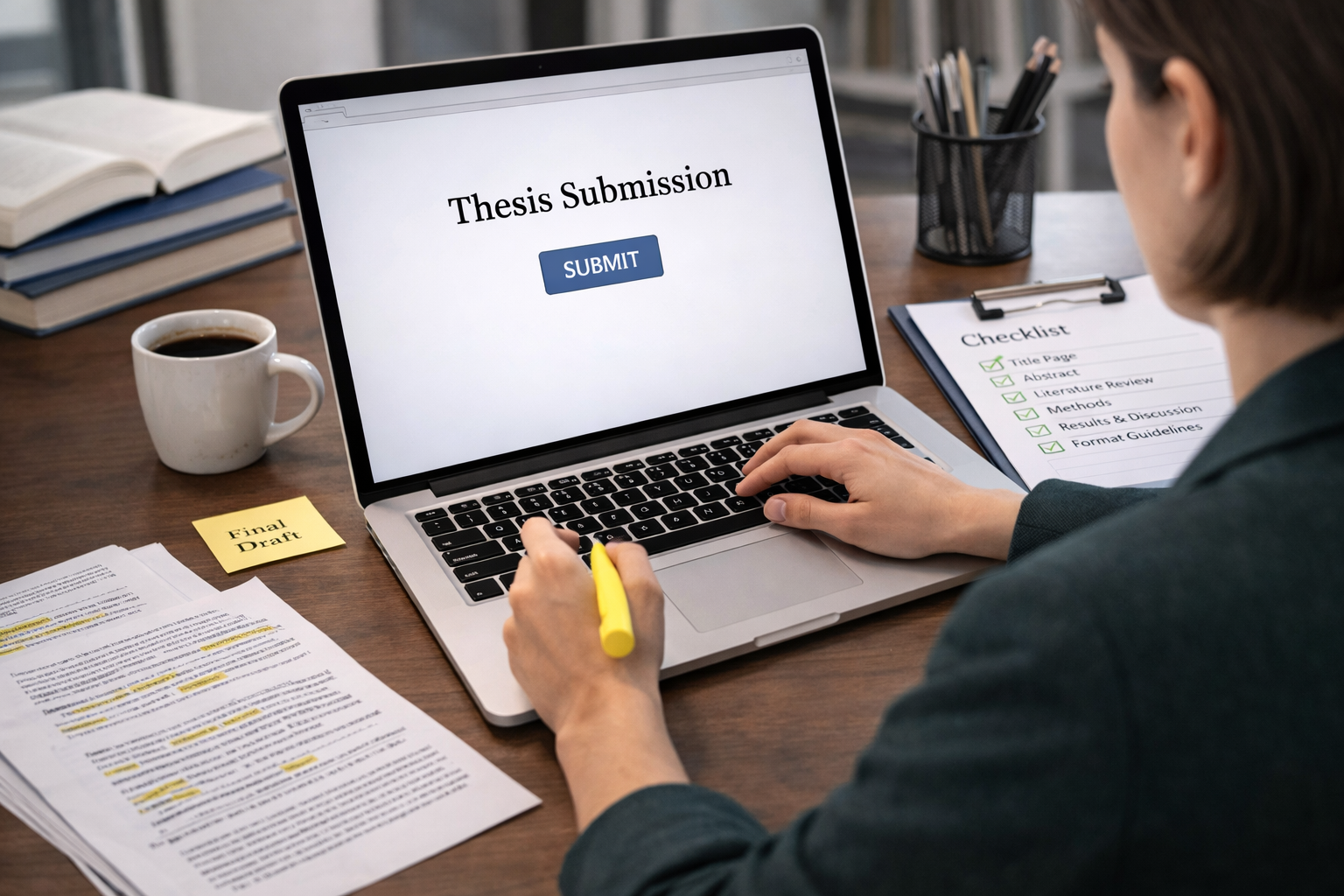 Student submitting a thesis on a laptop with a checklist beside them and neatly organized documents in a clean academic workspace