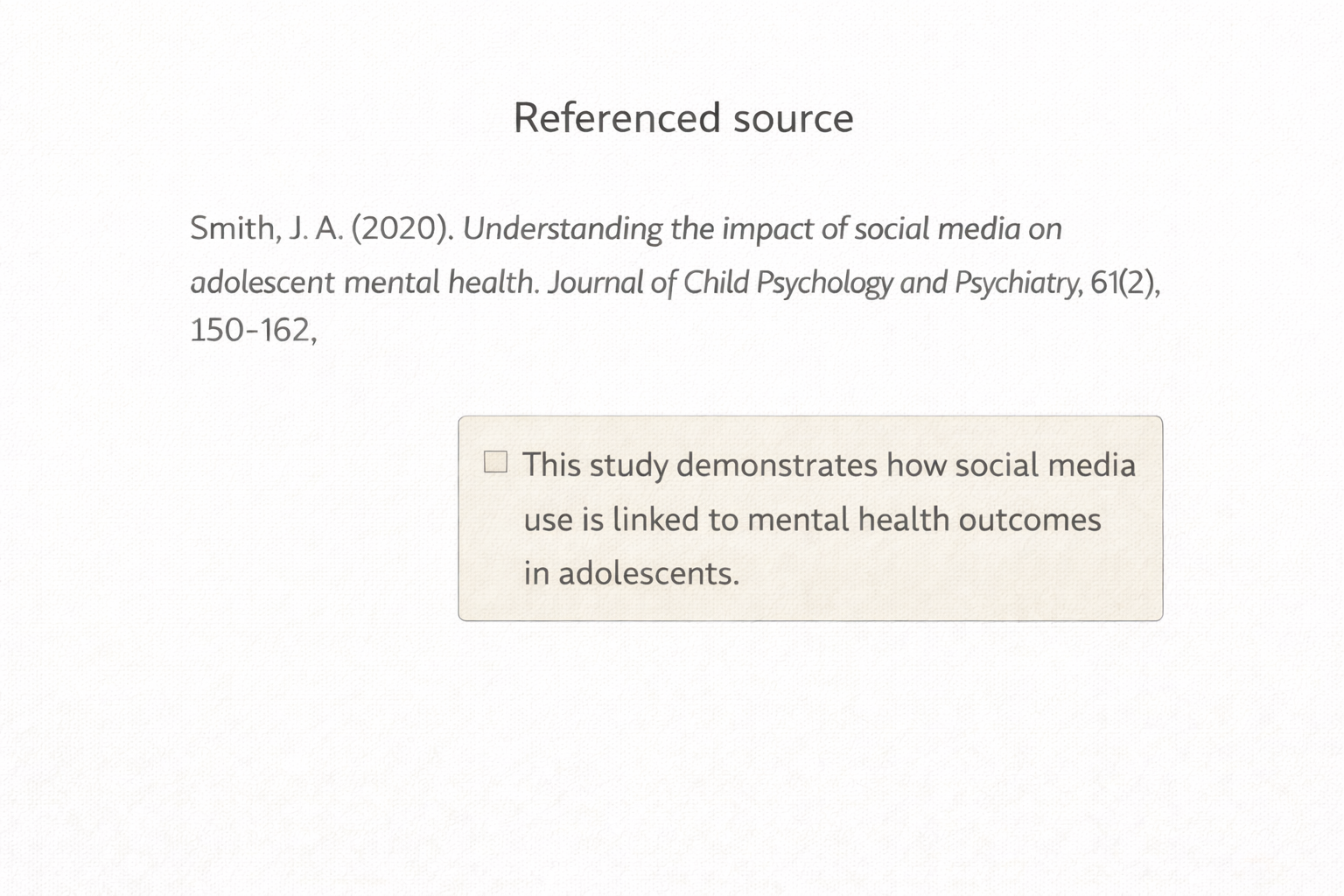 Minimalist academic illustration showing a referenced scholarly source alongside a brief explanatory annotation, presented in a clean university style with neutral colours and clear layout.