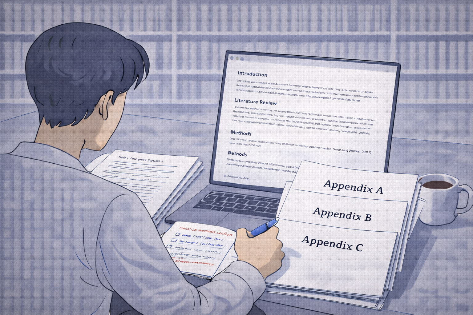 Clean, professional academic illustration of a student working on a dissertation, with a neatly stacked set of printed appendices labelled Appendix A, Appendix B, and Appendix C beside annotated notes, and a laptop displaying structured academic writing in a neutral university colour palette.