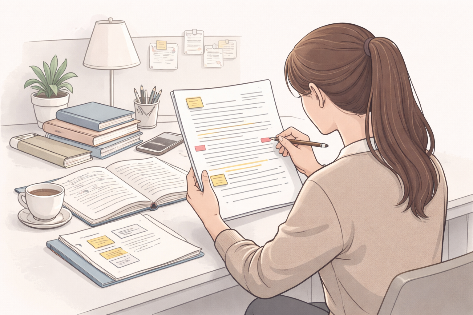 Clean academic featured image showing a university student reviewing a structured essay draft at a desk, surrounded by books and notes in a professional scholarly study environment with neutral colours.