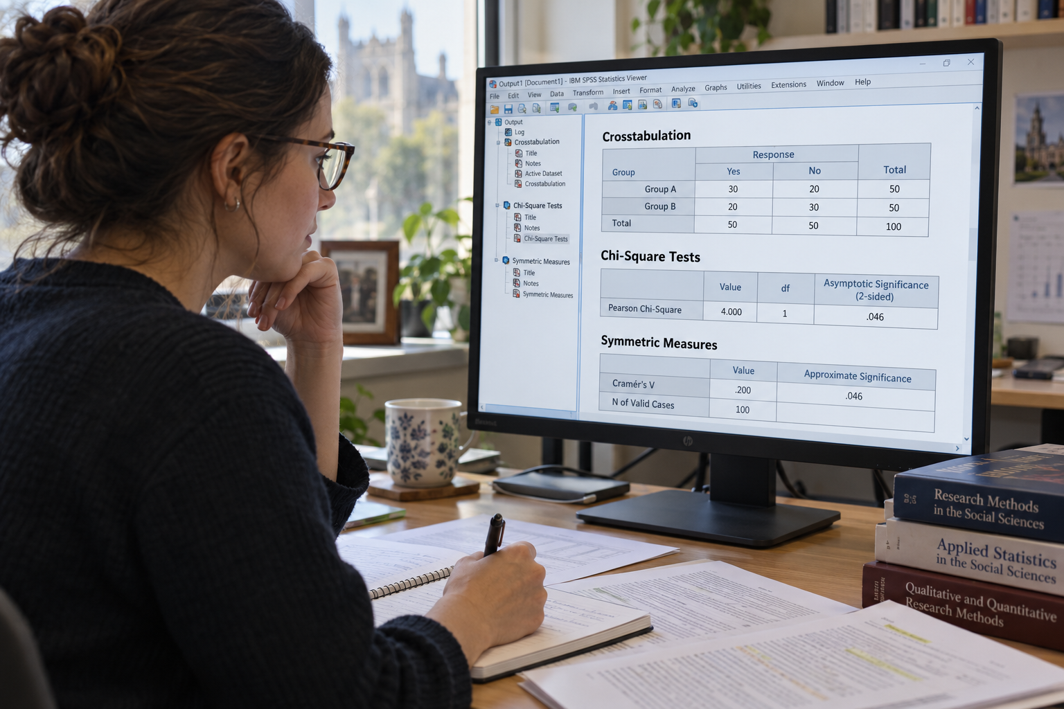 Researcher interpreting SPSS output showing a crosstabulation, Pearson chi-square results, and Cramér’s V on a computer monitor.