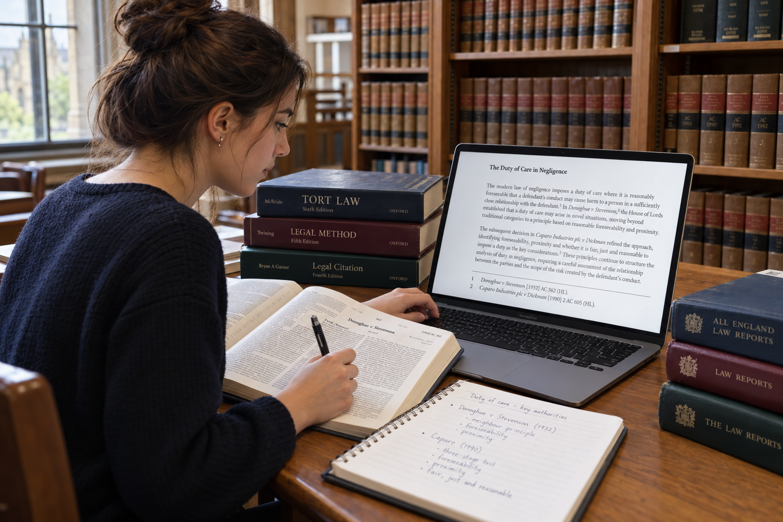 Law student reviewing OSCOLA footnotes on a laptop beside legal textbooks and an open case report.