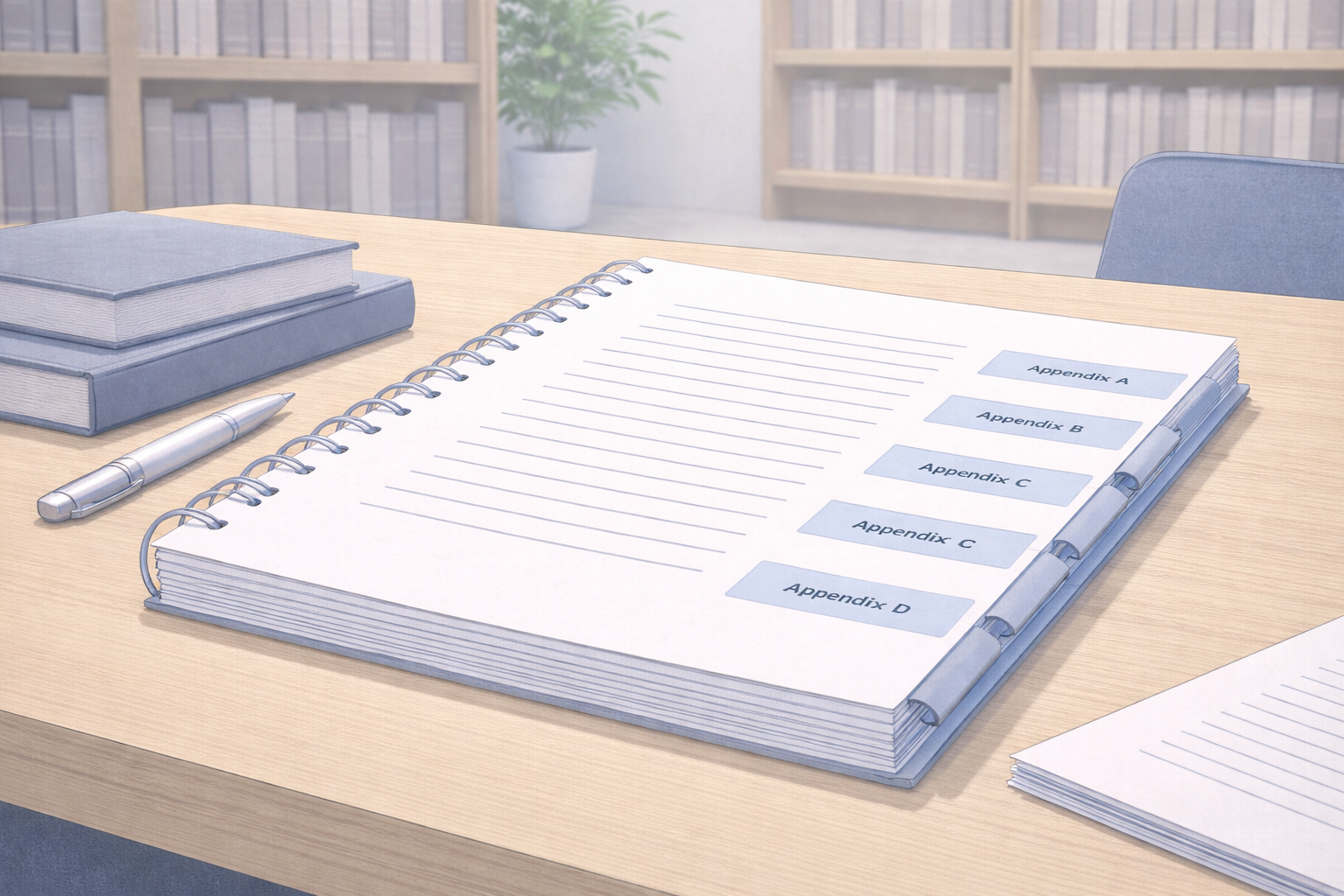 Clean academic illustration of a bound dissertation in a university library setting, with multiple appendices visible at the back of the volume, presented in neutral tones with a professional, minimalist scholarly style.