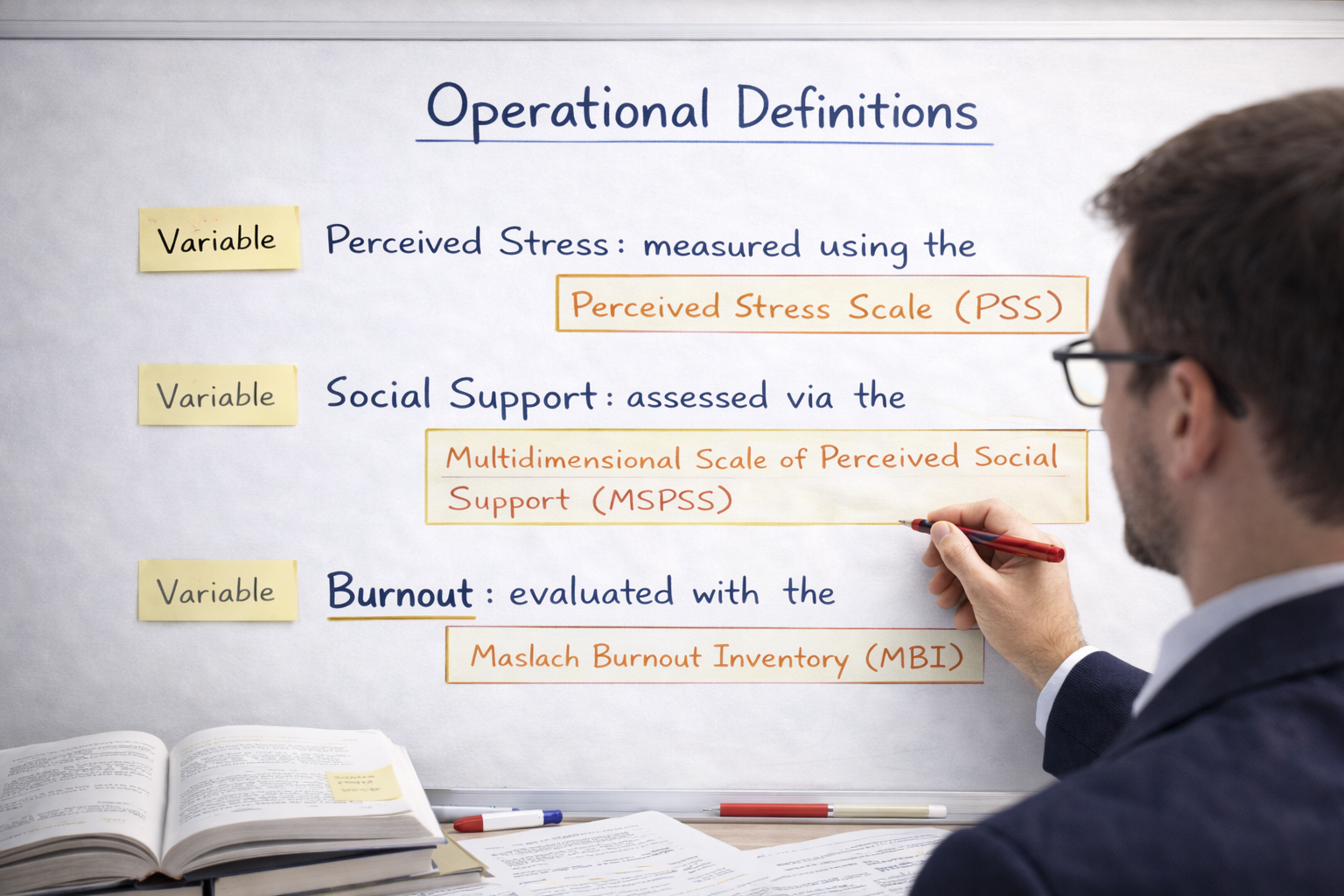 Researcher writing operational definitions on a whiteboard with clearly labeled variables and measurement tools.
