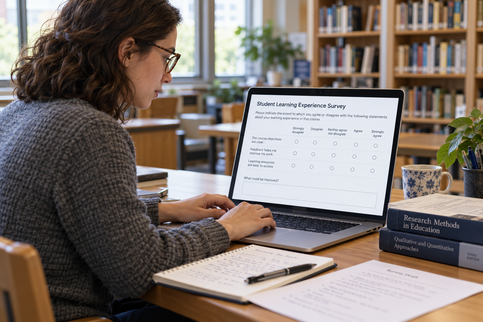University researcher designing a questionnaire with survey questions and Likert scales on a laptop.
