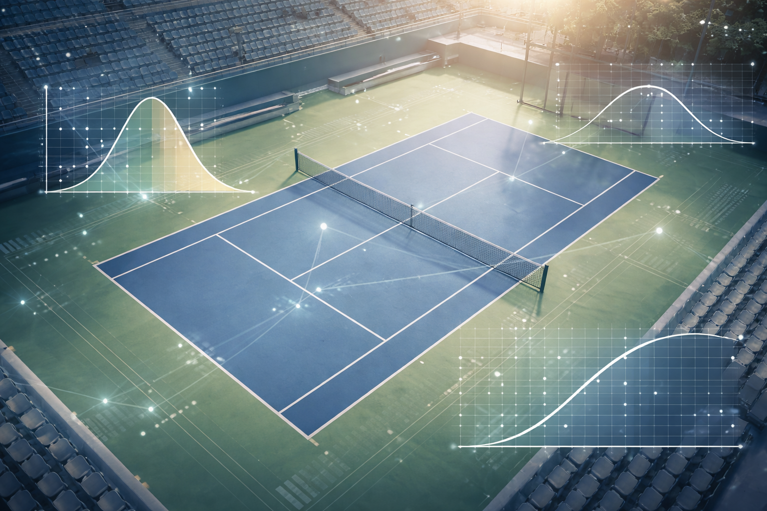 Academic sports analytics cover illustration showing a professional tennis court viewed from above, overlaid with subtle probability curves, logistic regression plots, and data points, rendered in muted blue and green tones with a clean, minimalist, research-oriented aesthetic.