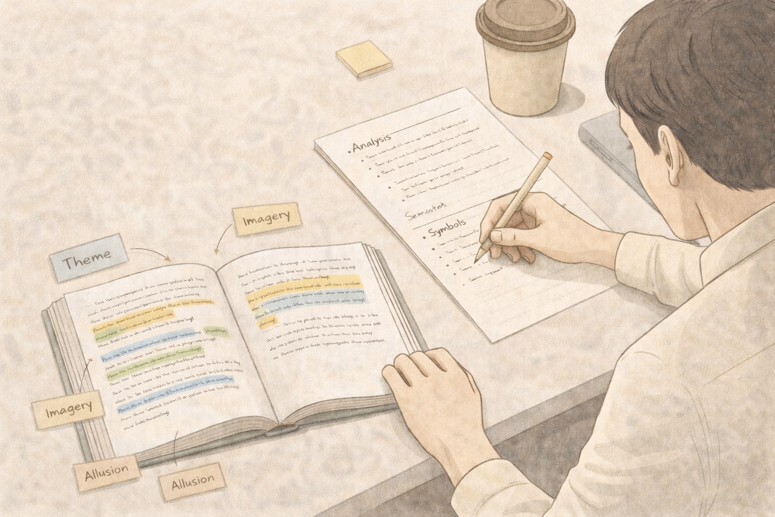 Minimalist academic illustration of a university student analysing a literary text, featuring annotated margins, highlighted passages, and structured notes on a desk, rendered in a clean university style with neutral scholarly tones.