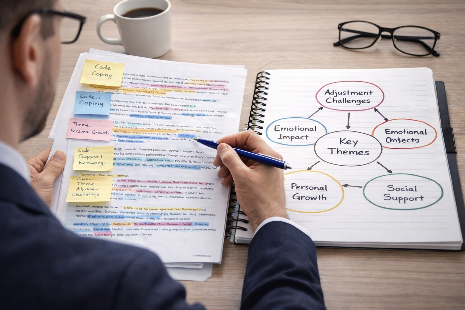 Researcher analysing printed interview transcripts with highlighted codes and sticky notes beside a notebook mapping grouped themes connected by arrows.