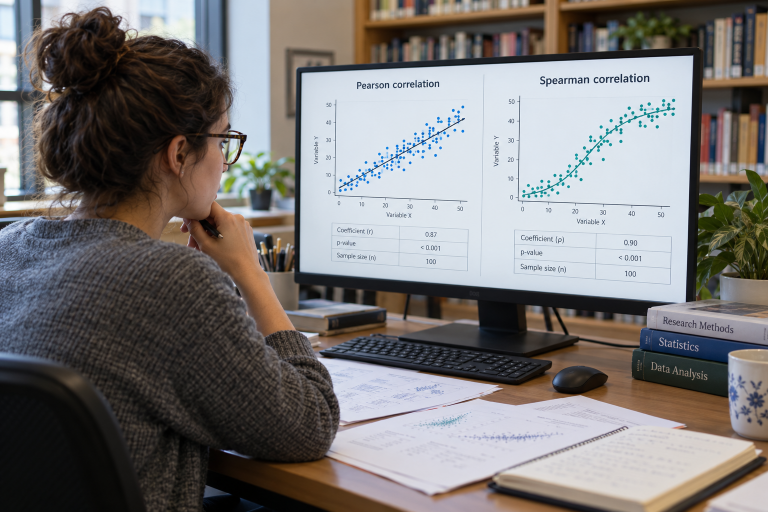 Researcher comparing Pearson and Spearman correlation scatterplots and statistical results on a computer monitor.