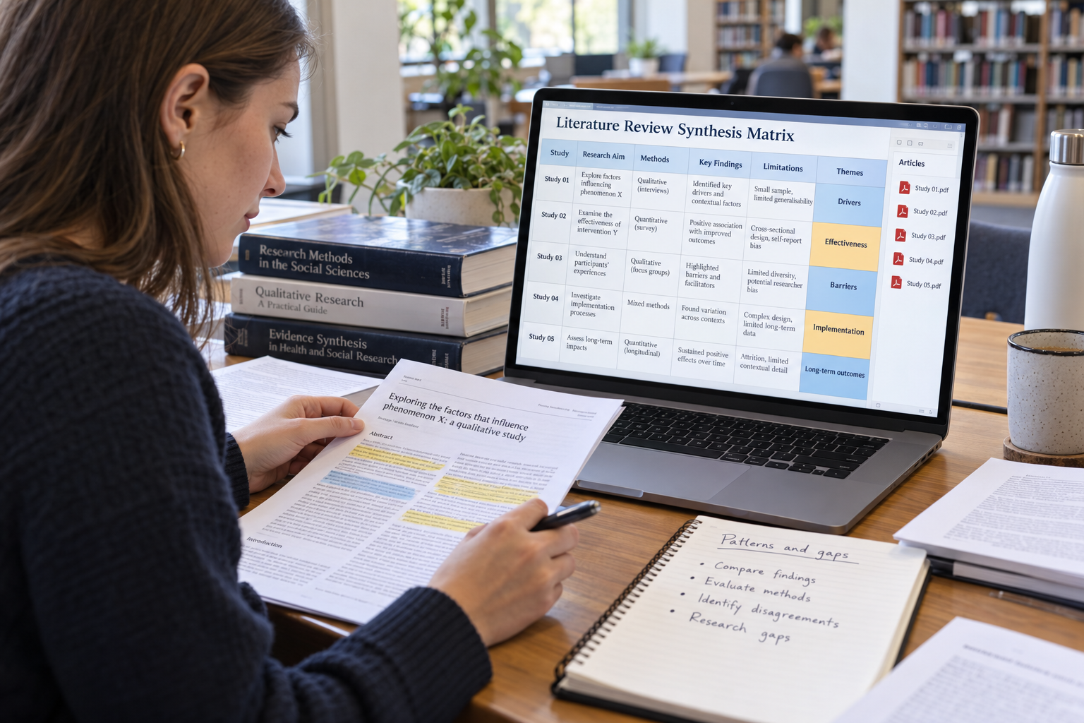 University student organising research articles in a literature review synthesis matrix on a laptop, with highlighted papers and notes on patterns and research gaps.