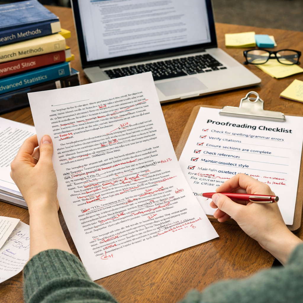 Student proofreading printed dissertation pages using a red pen at a study desk with laptop, academic books, notes, and a revision checklist in a focused academic setting