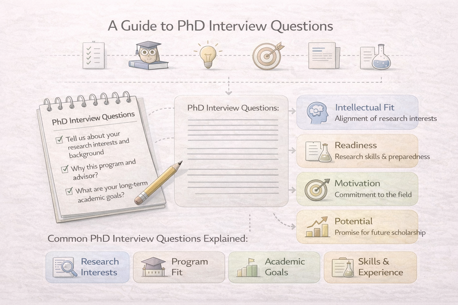 Academic infographic explaining how PhD interview panels assess candidates, illustrating intellectual fit, research readiness, motivation, and long-term academic potential through common interview questions and evaluation criteria in a clean university-style layout.