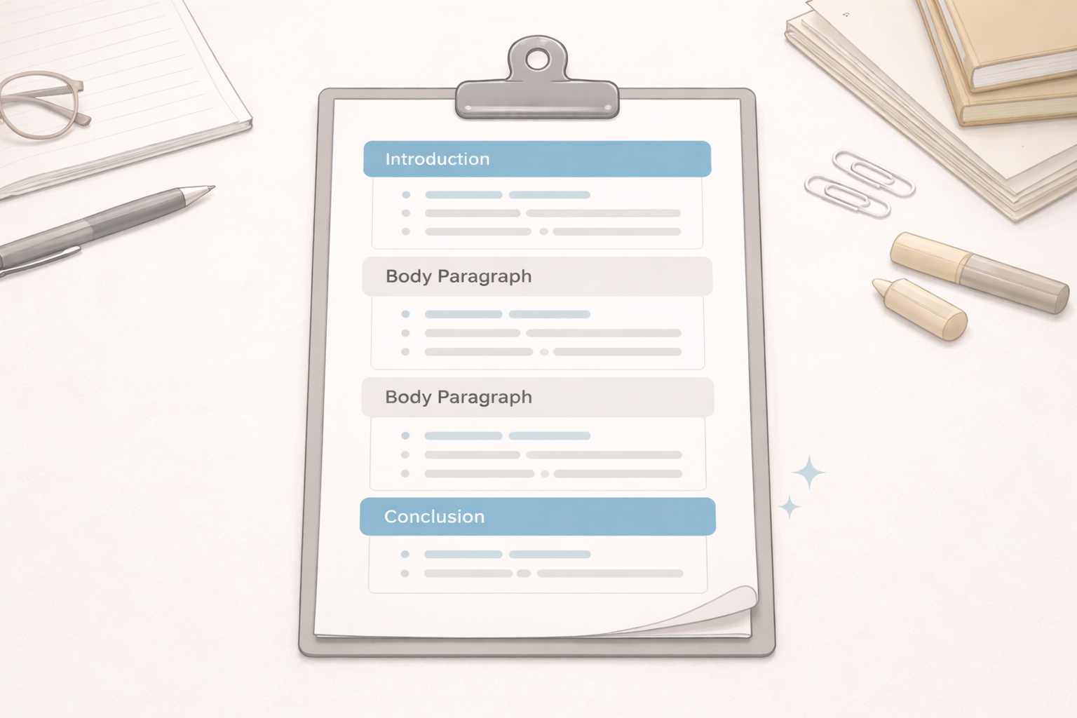 Minimalist academic illustration of a structured essay outline on a clipboard, showing introduction, body paragraphs, and conclusion arranged clearly in a clean university style with neutral blue and grey tones.