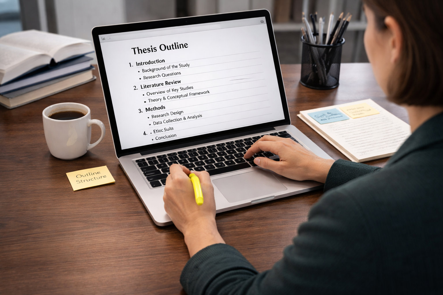 Student creating a structured thesis outline on a laptop in a clean academic workspace with minimal notes and a simple, organized desk