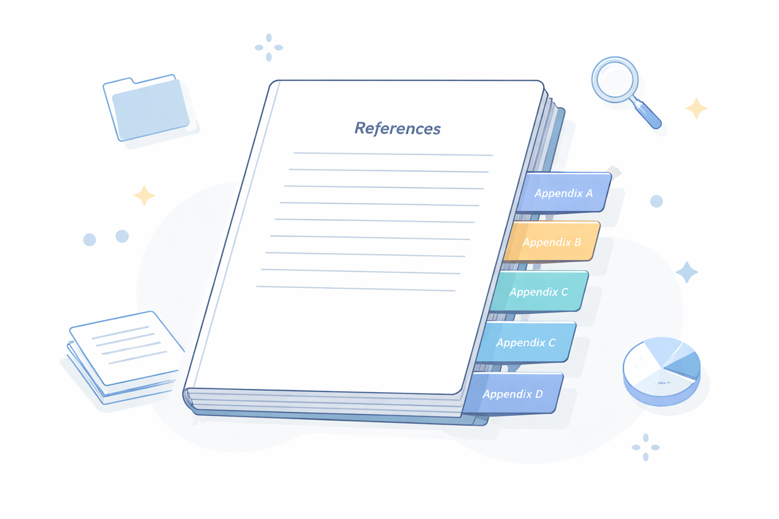 Minimalist flat-icon academic illustration showing a bound thesis with colour-coded appendix tabs at the end, surrounded by abstract research icons, presented in a clean university style with neutral scholarly tones.