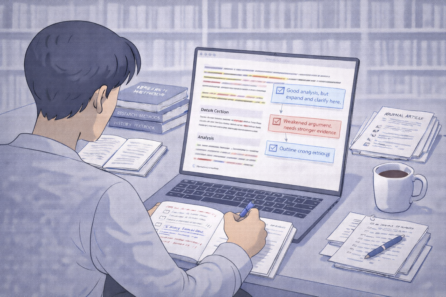 Professional academic illustration of a postgraduate student writing at a desk, with a laptop displaying a structured academic document and highlighted critical notes, surrounded by journal articles and academic books in a calm university environment with a neutral scholarly colour palette.