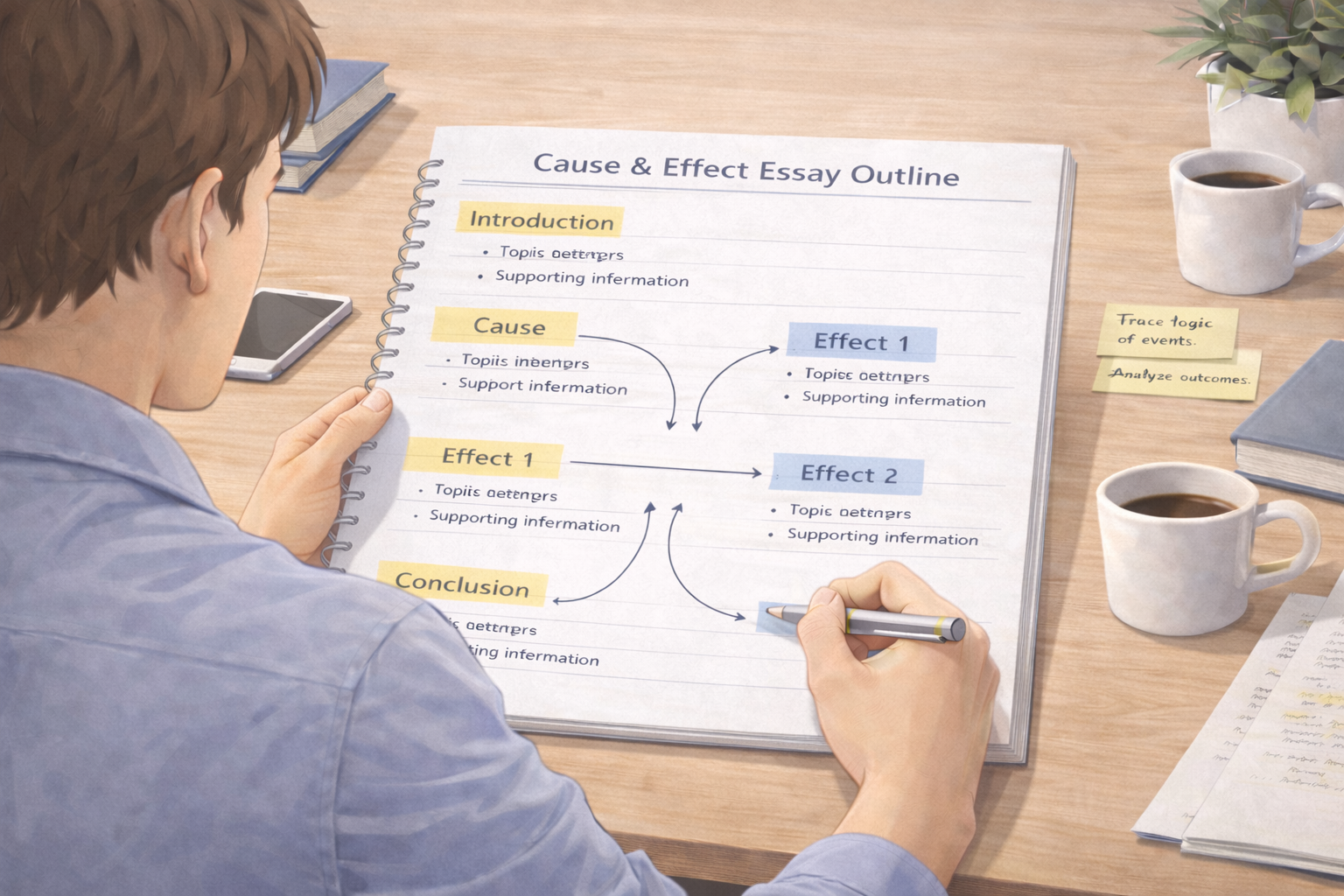 University student planning a cause-and-effect essay at a desk, using a structured outline with headings and arrows to link causes and effects in a clean, neutral academic workspace.