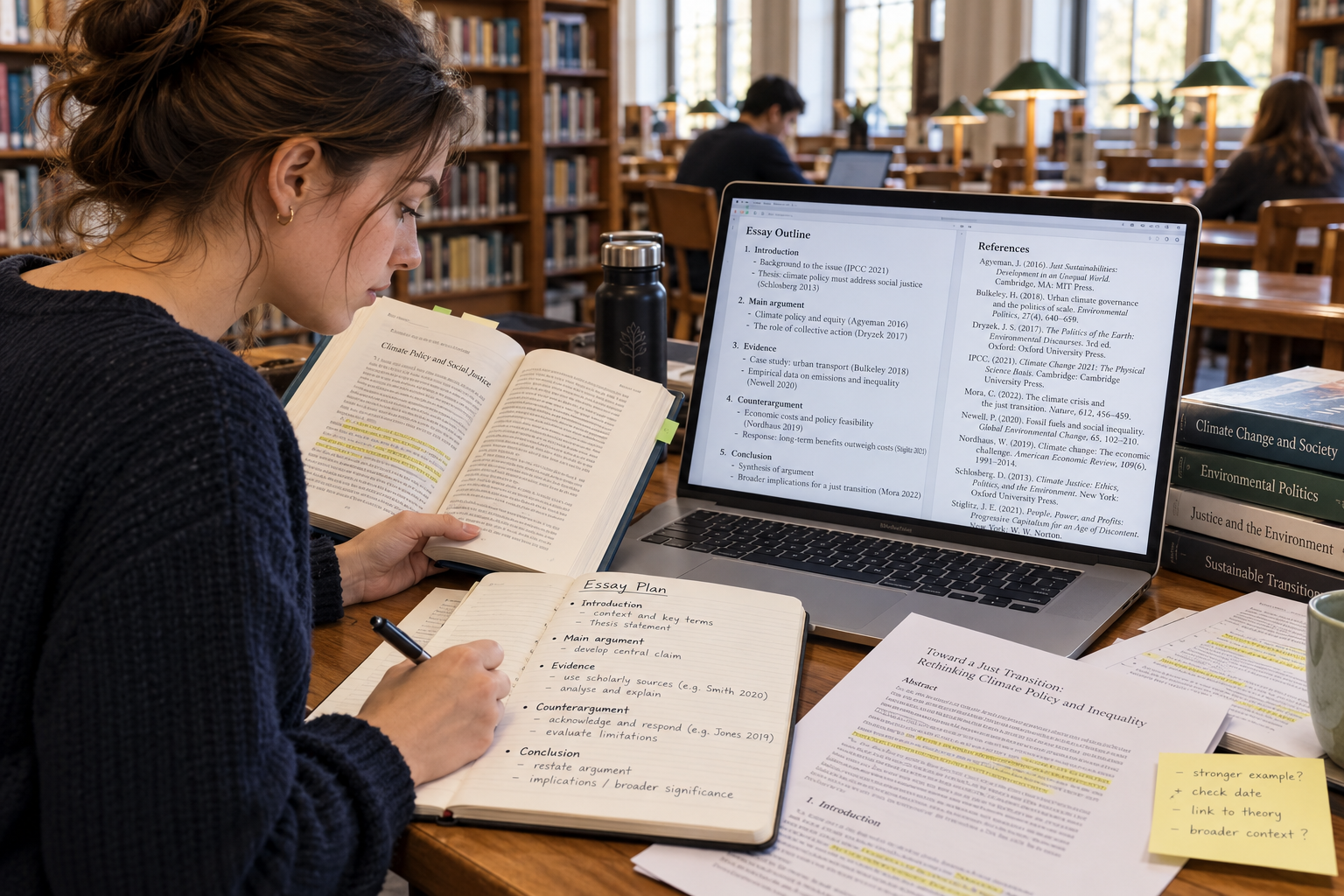 University student planning an essay with academic books, annotated articles, and a laptop displaying citations and a reference list.