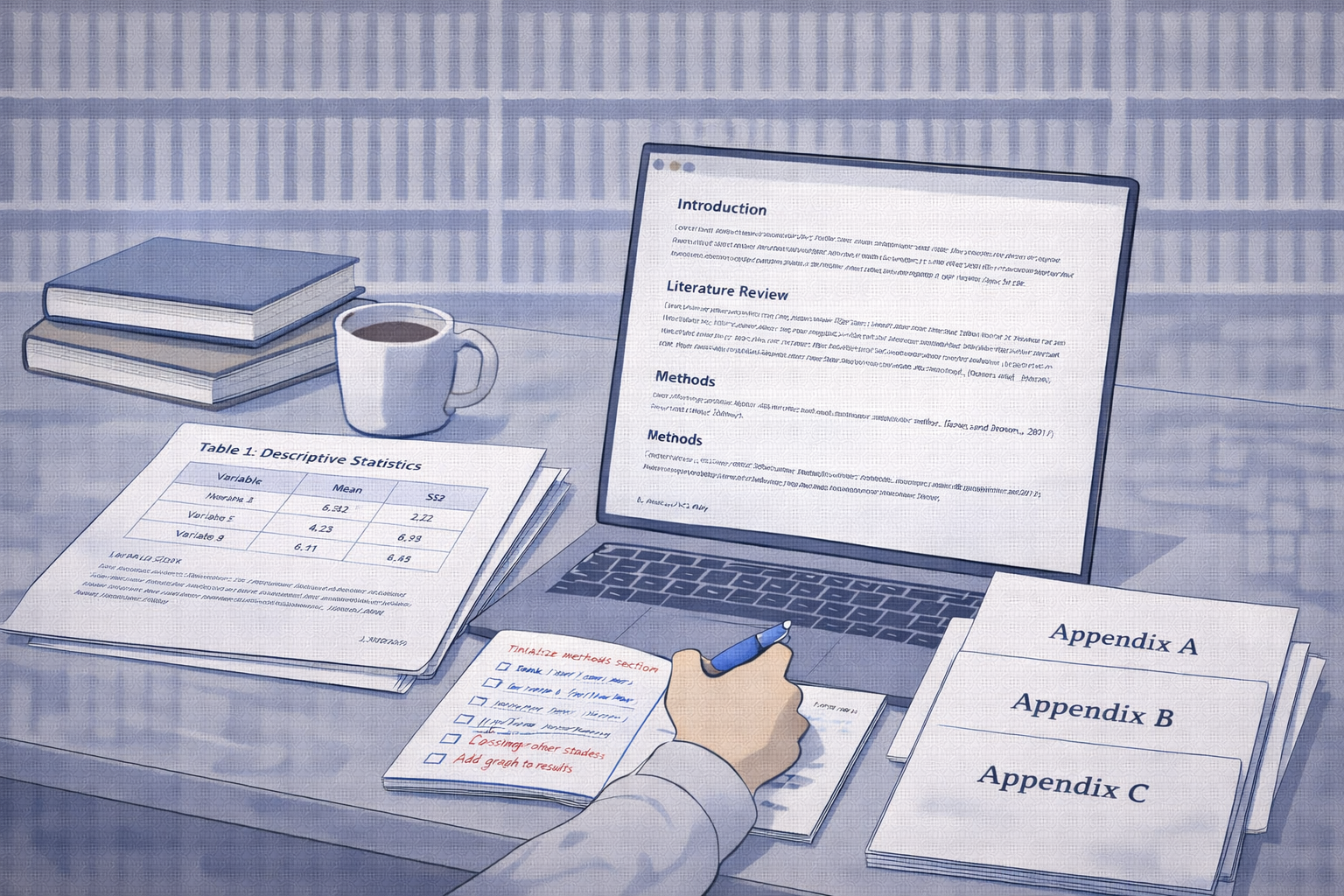High-resolution academic illustration of a university student’s tidy desk, featuring a laptop displaying a research paper draft, a printed table and figure chart placed beside annotated notes and academic books, conveying clarity and professional academic formatting.