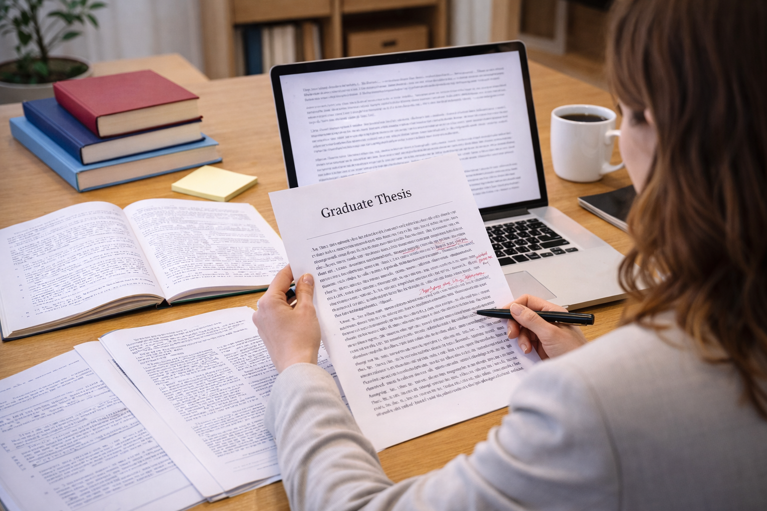 Graduate student reviewing a printed thesis manuscript beside a laptop with academic books on a desk in a quiet university study environment