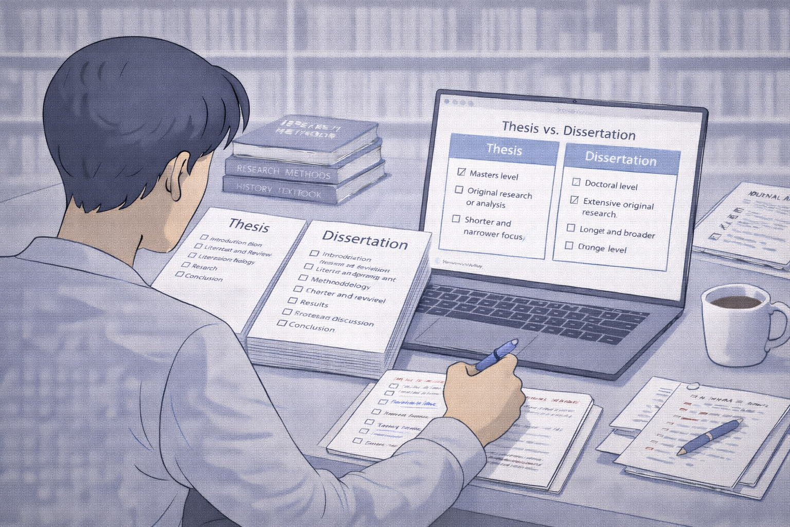 Professional academic illustration of a student comparing a thesis and a dissertation, with two neatly organised research documents on a desk and a laptop displaying a side-by-side comparison, set against academic books in a clean university style with neutral scholarly colours.