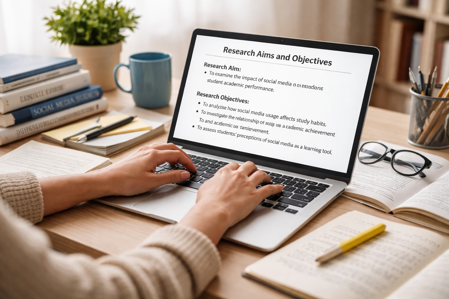 University student drafting research aims and objectives on a laptop, with academic textbooks and neatly organized notes arranged on a study desk in a focused academic setting.