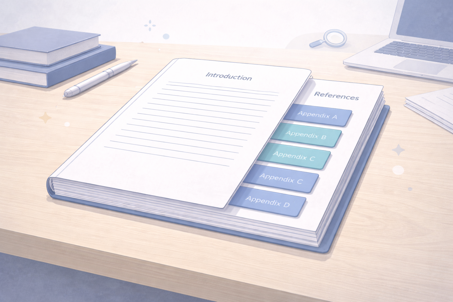 Minimalist academic illustration of a research paper arranged in a clean scholarly layout, with appendices clearly positioned after the references section, using a neutral university colour palette and a professional, uncluttered design.