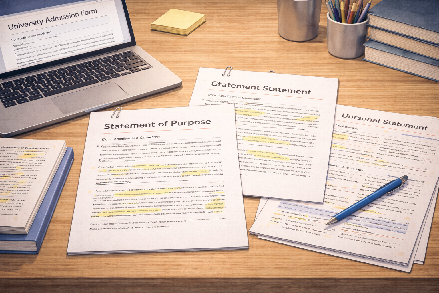 Academic illustration of two university application documents on a desk labelled “Statement of Purpose” and “Personal Statement,” placed beside a laptop and official university admission forms in a clean, professional academic setting.