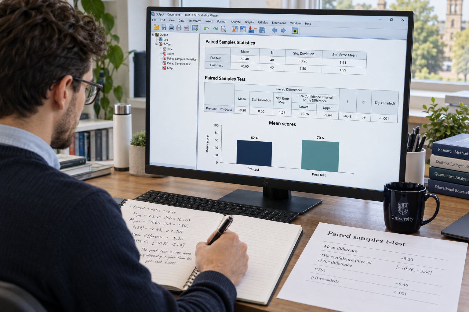 Postgraduate student analysing pre-test and post-test scores in SPSS, with paired-samples t-test output, confidence intervals, and a comparison of mean scores.