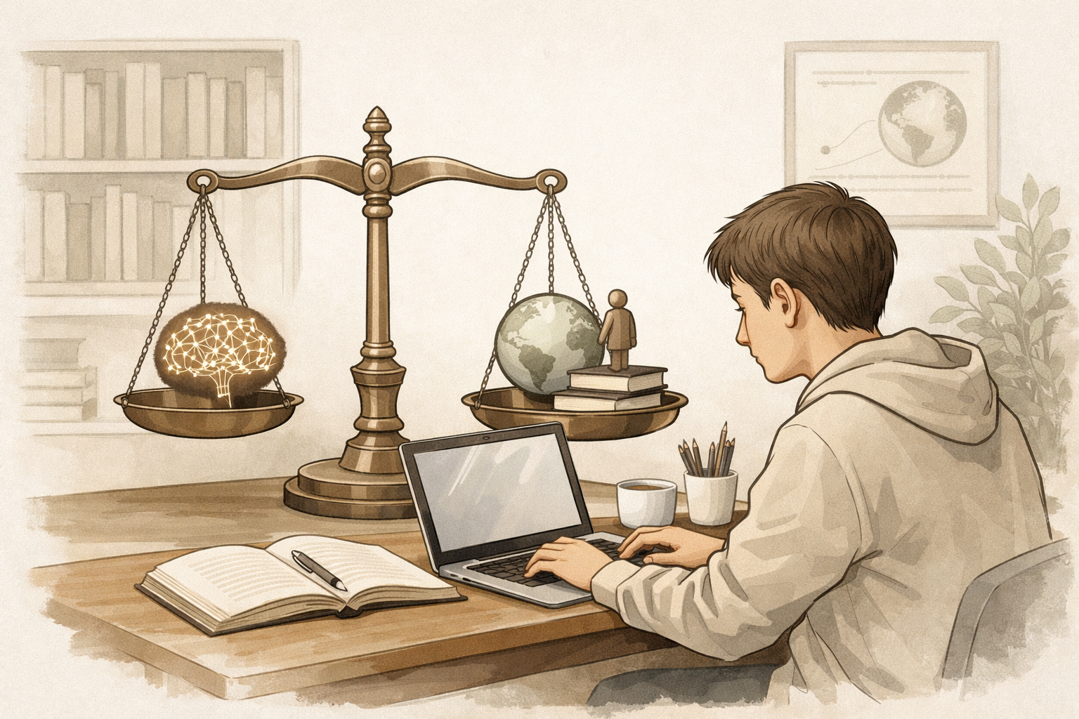 Clean academic illustration of a university student working at a desk with a laptop beside balanced scales, symbolising responsible and ethical use of artificial intelligence in higher education, rendered in a neutral scholarly colour palette.