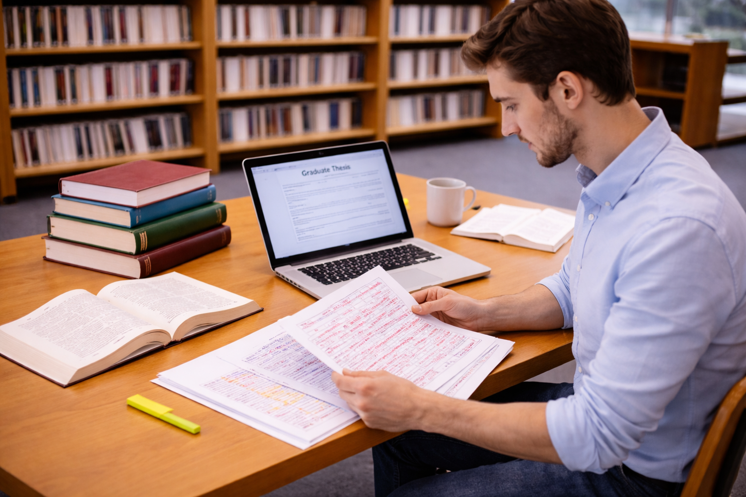 Graduate student reviewing a printed thesis with editing marks beside a laptop and academic books on a university desk in a focused proofreading environment