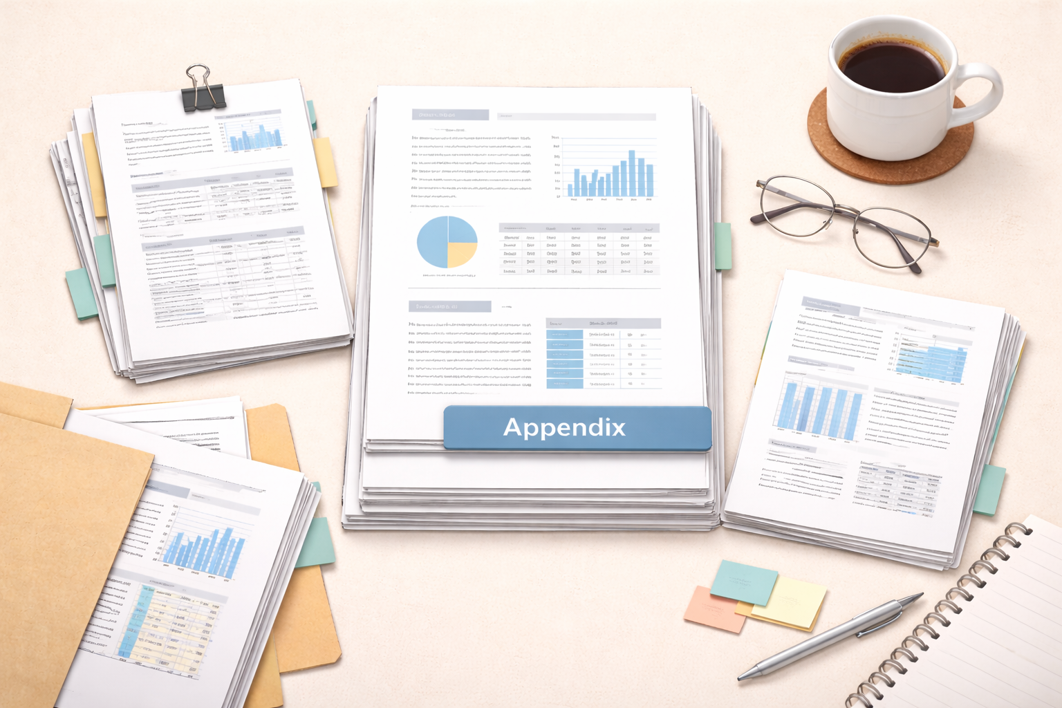 Minimalist academic illustration depicting a formal research report with a clearly separated appendix section and neatly organised supporting documents on a desk, presented in a clean, professional university-style research aesthetic.
