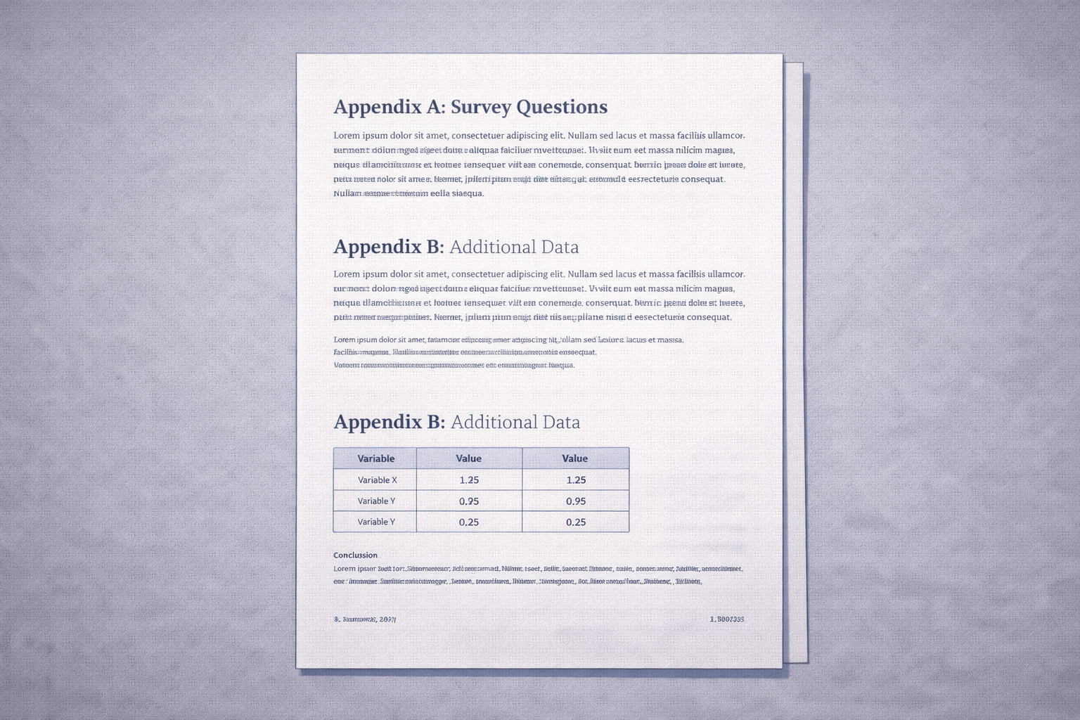 Minimalist academic illustration of a formatted university document with clearly labelled appendices (Appendix A and Appendix B), consistent margins, structured headings, and neatly aligned tables, presented in a clean scholarly style with a neutral colour palette.