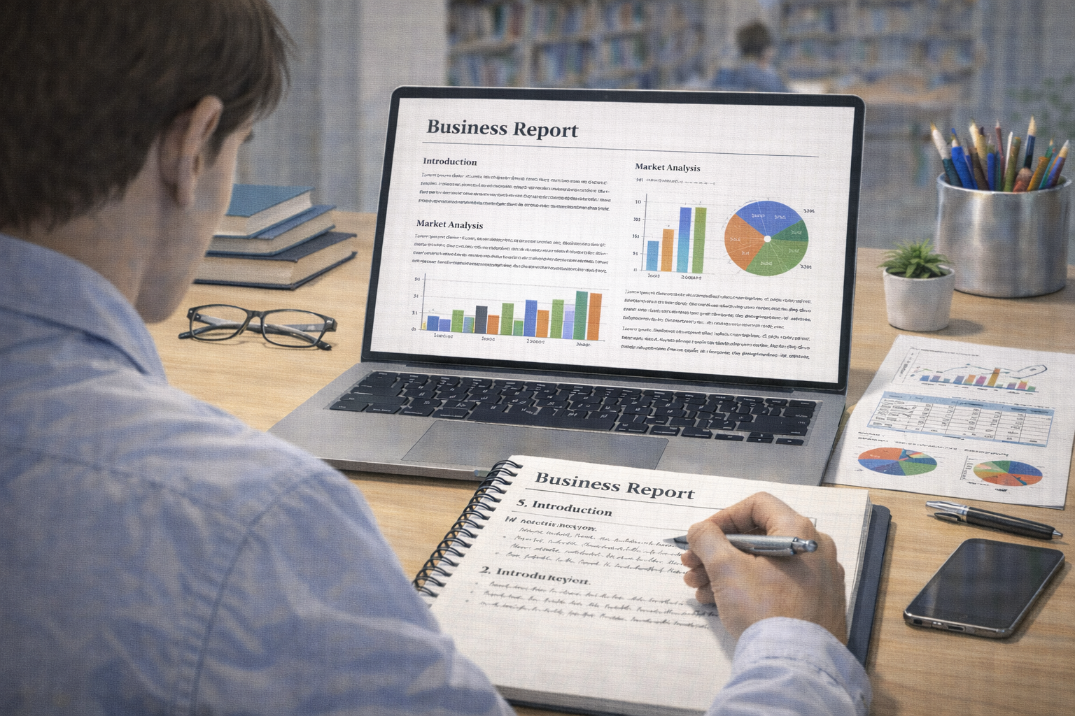 Academic illustration of a university student working on a business report at a desk, with charts and graphs visible on a laptop, academic textbooks nearby, and a professional, analytical study atmosphere.