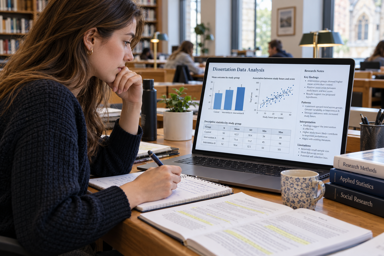 Graduate student analysing dissertation data on a laptop displaying charts, descriptive statistics, and research notes, with annotated papers and a notebook nearby.