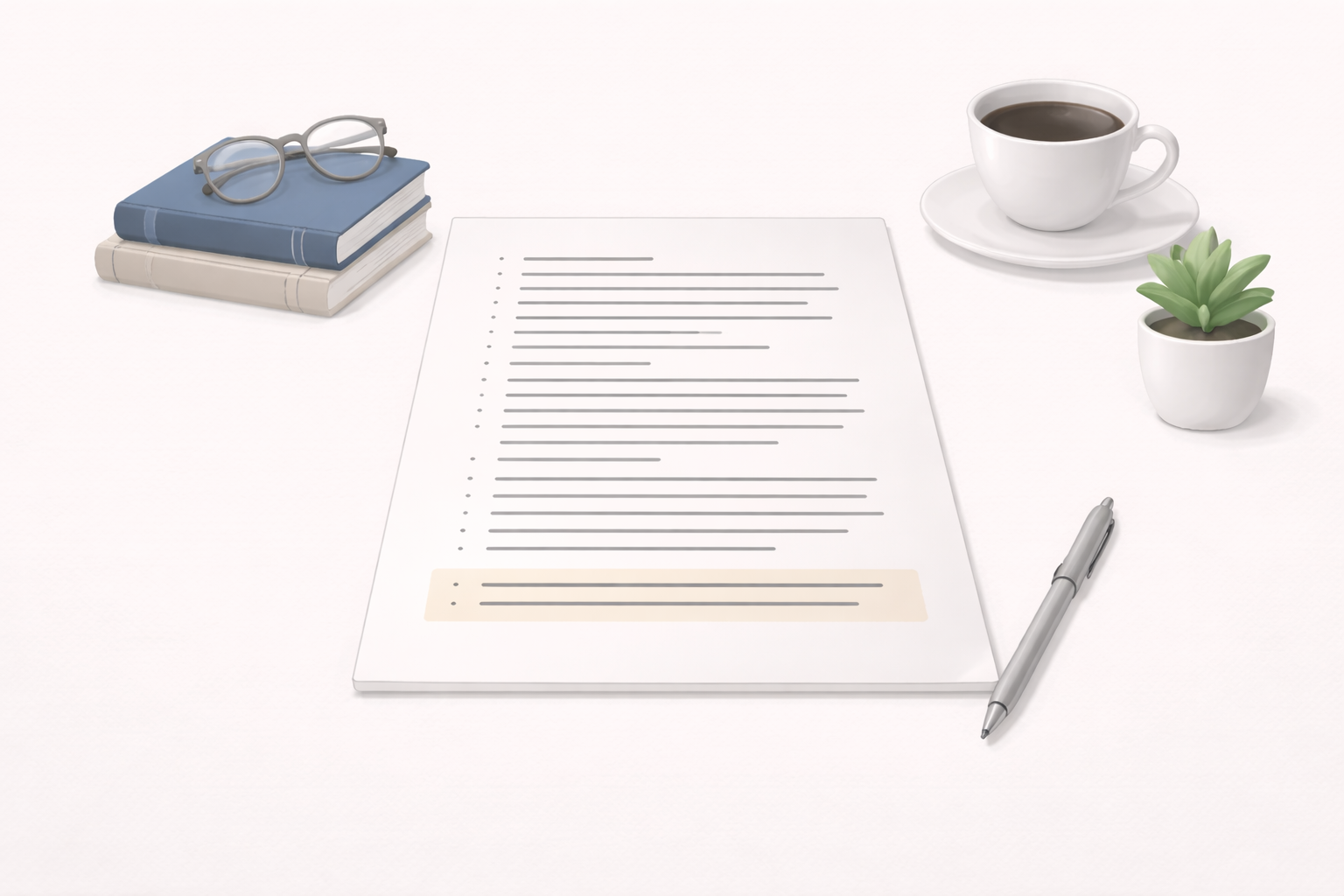 Minimalist academic illustration showing a completed university essay with the final sentence subtly highlighted, symbolising closure and authority, presented in a clean scholarly style with neutral colours and no text overlays.