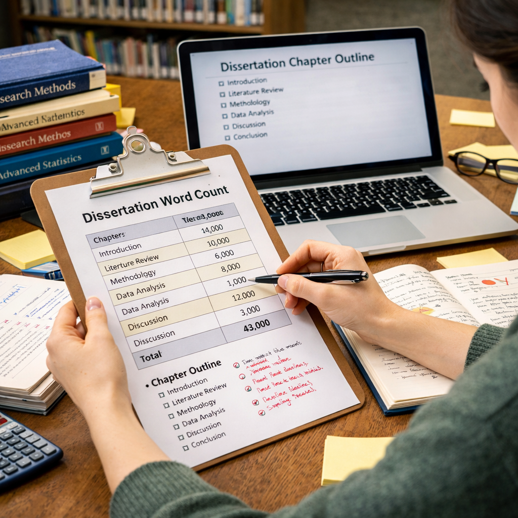 Graduate student planning dissertation word count at a study desk with laptop, chapter outline, research notes, and organized academic books in a focused academic setting
