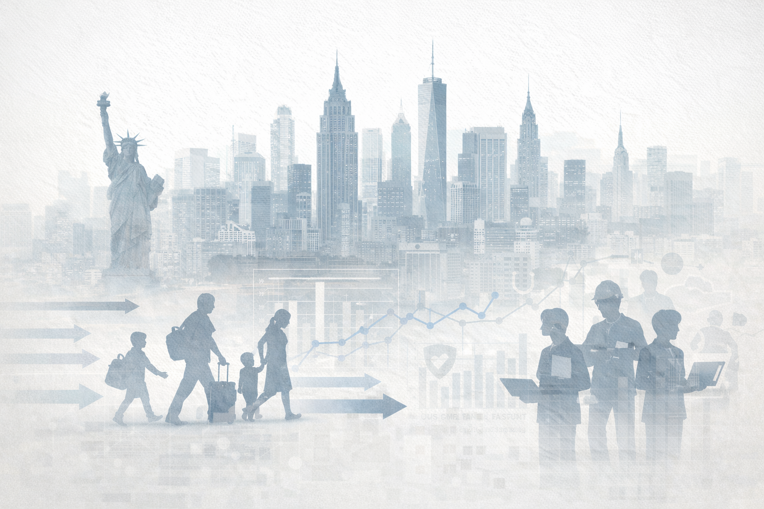 Academic labor economics illustration showing a stylised U.S. city skyline blended with workforce silhouettes, migration arrows, and subtle data charts, representing refugee inflows and labor market outcomes in a professional research context.
