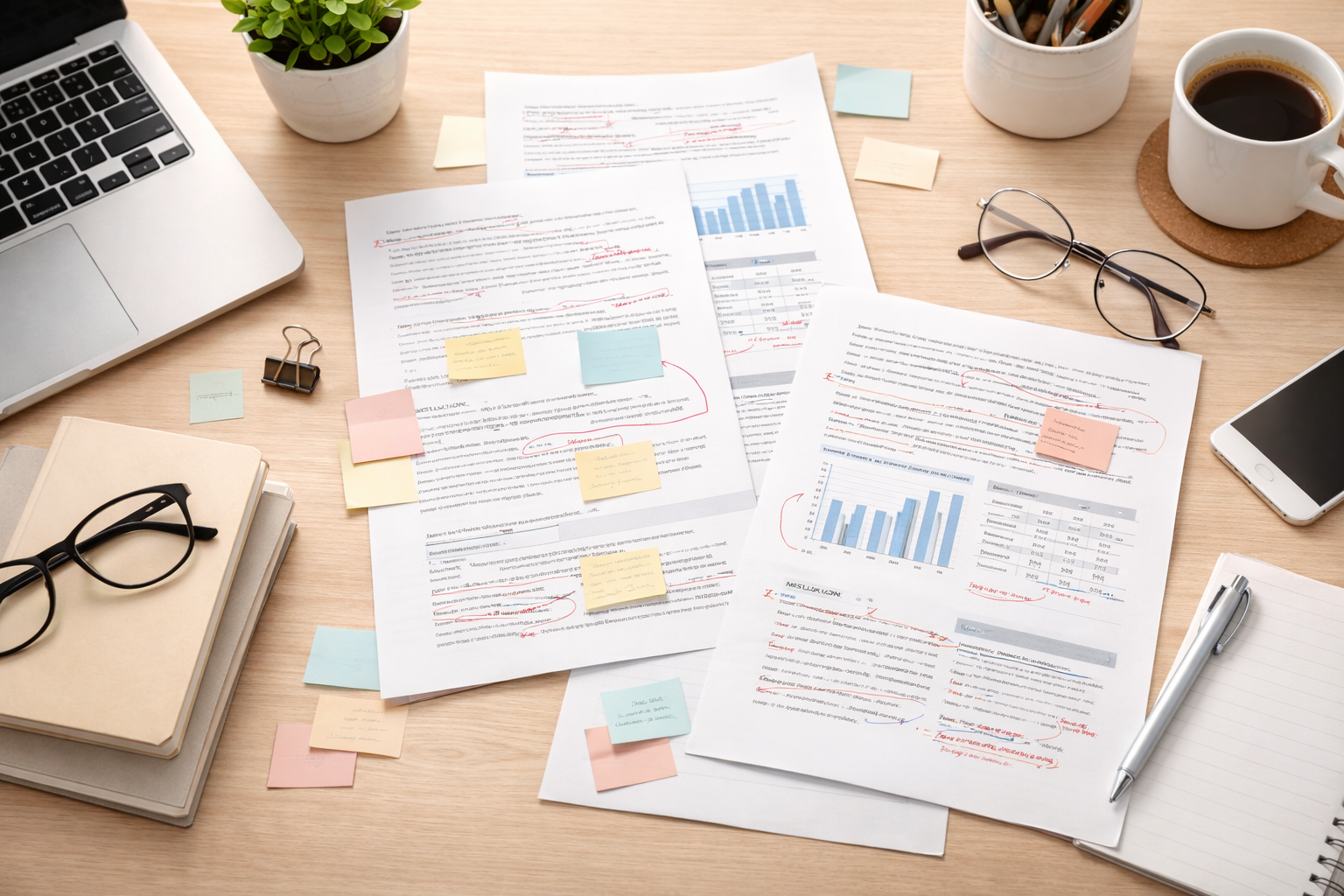 Clean academic workspace viewed from above, showing annotated research papers with charts and margin notes spread across a desk, alongside a laptop, notebook, pen, glasses, and coffee, reflecting a minimalist university-style research and review setting.