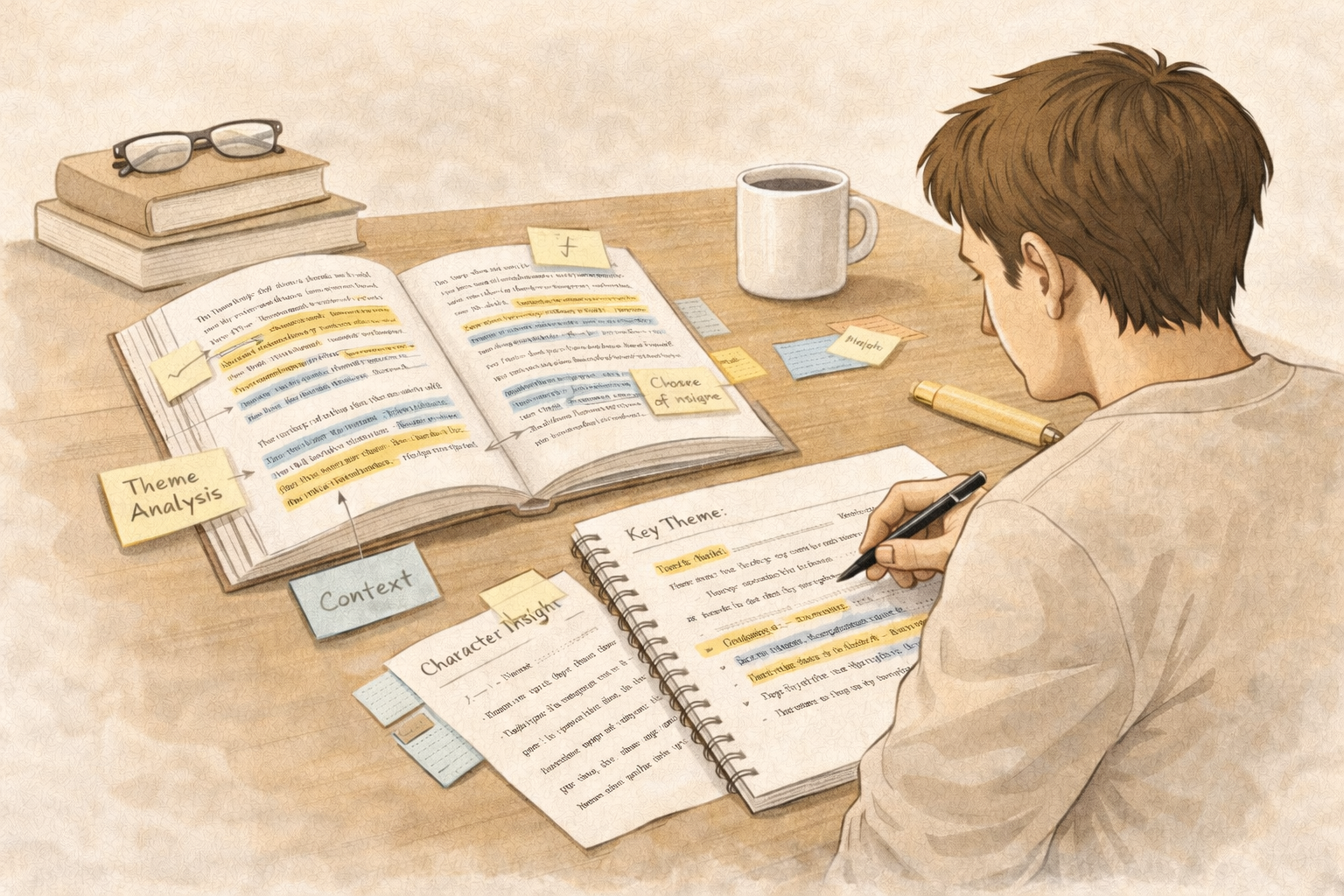 Minimalist academic illustration of a university student analysing a literary text, featuring annotated passages, highlighted quotations, and neatly structured notes on a desk, rendered in a clean university style with neutral scholarly tones.