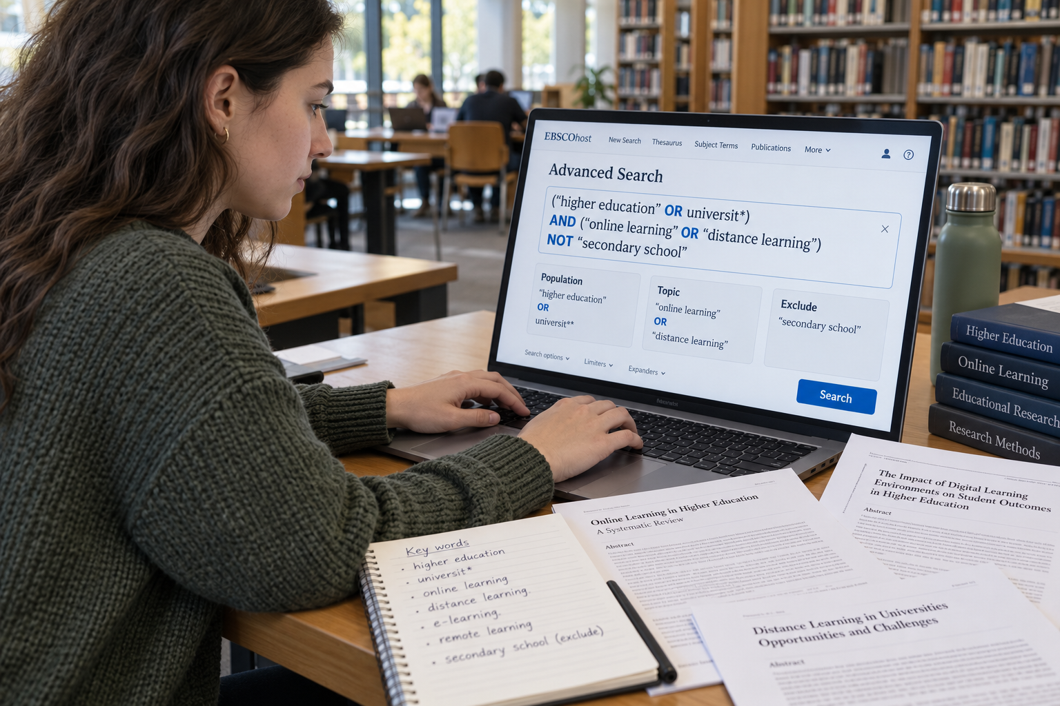 Student building a literature review search string using AND, OR, and NOT in an academic database on a laptop.