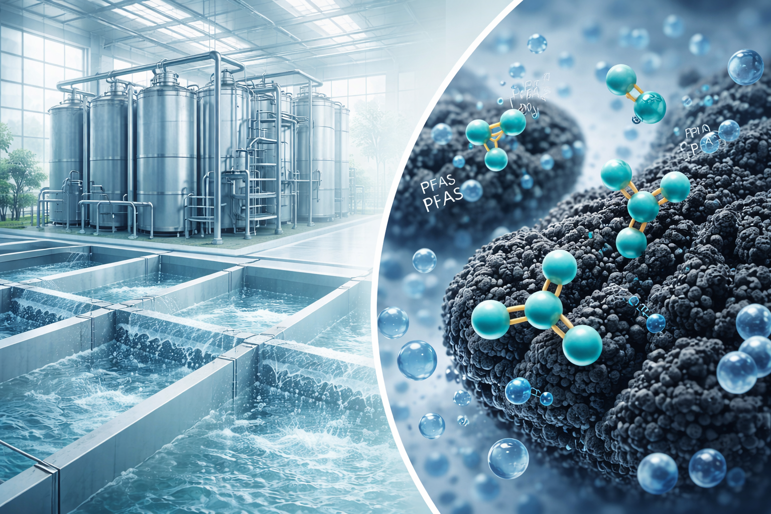 Academic environmental engineering cover image showing a modern clean drinking water treatment system with stainless steel filtration tanks and flowing water, paired with a microscopic visualization of PFAS molecules being adsorbed onto activated carbon, rendered in cool blue and grey tones with a clean, scientific, minimalist aesthetic.