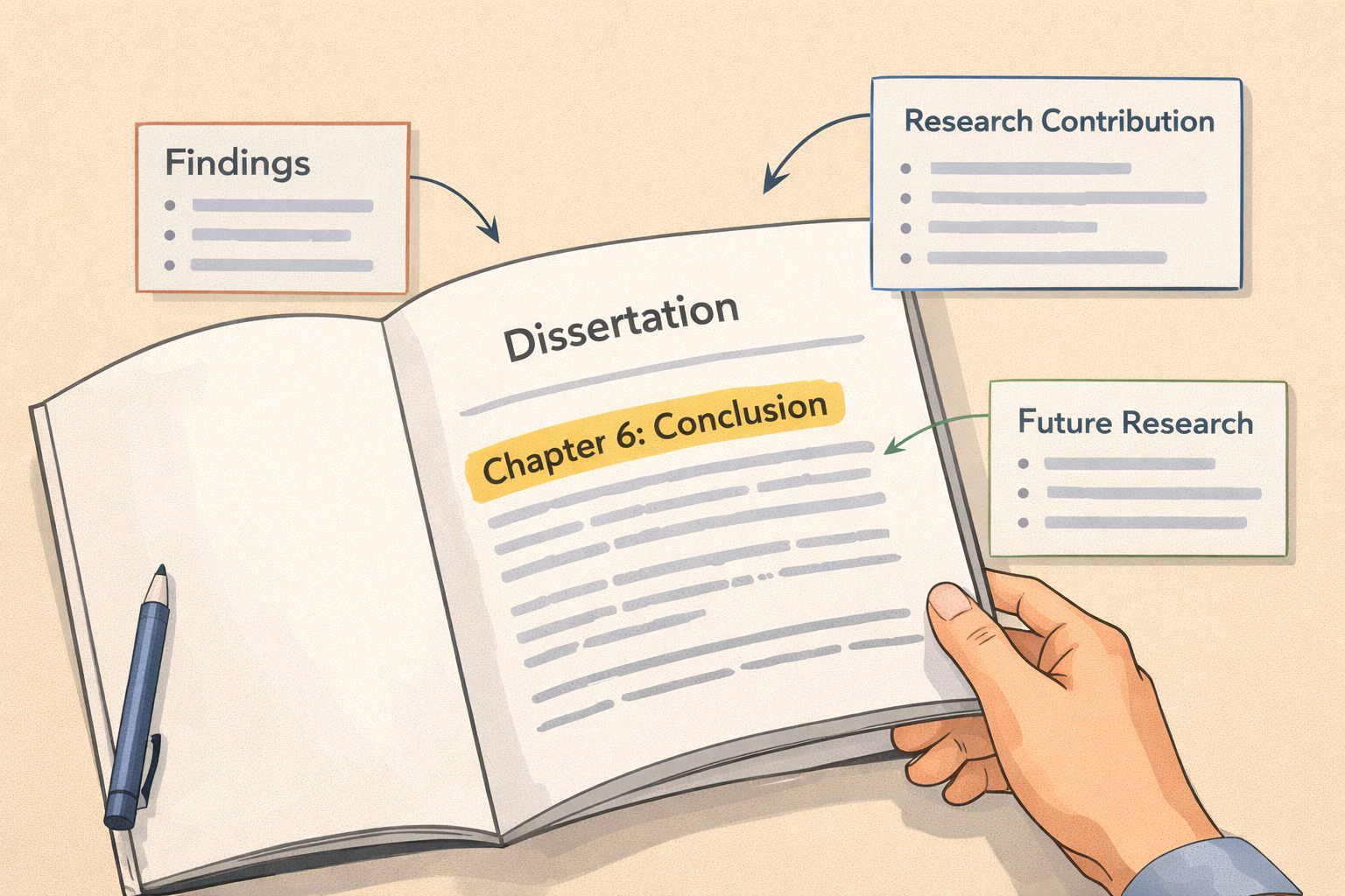 Minimal academic illustration of a dissertation document with the final chapter labeled “Conclusion,” highlighting key points such as findings, research contribution, and future research, with a student reviewing the thesis in a clean study setting.